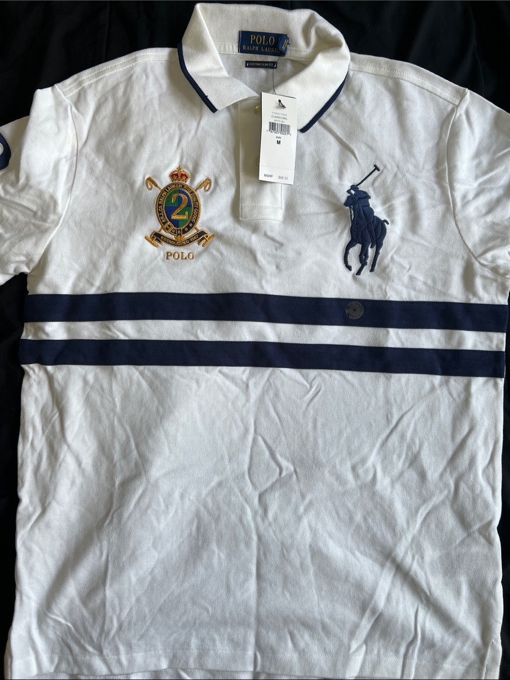 Polo by Ralph Lauren White Polo with Navy Stripes & Crest
